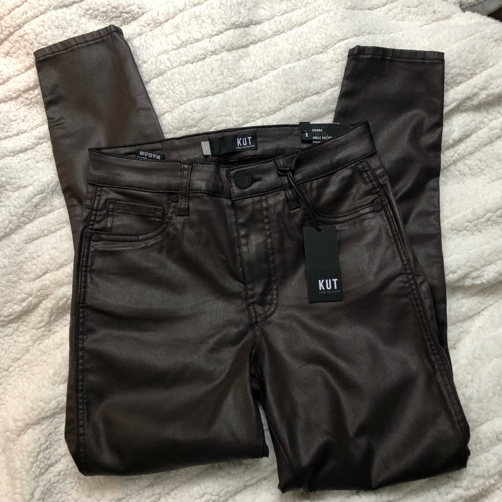 KUT Ankle Skinny Coated Jeans - Chocolate Brown - Size 2